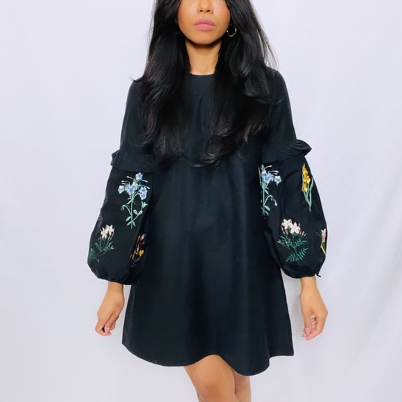 Zara Dresses & Skirts - Zara | Black Floral Embroidered Balloon Sleeve Peasant Boho Mini Dress NWT